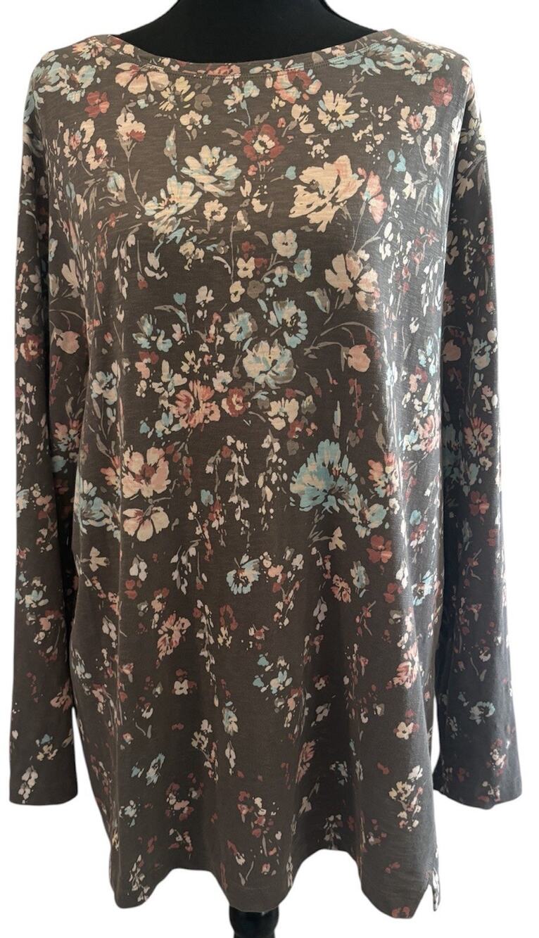 J. Jill purejill Tan Floral Asymmetric Organic Cotton Tunic Long Sleeve Size 2X